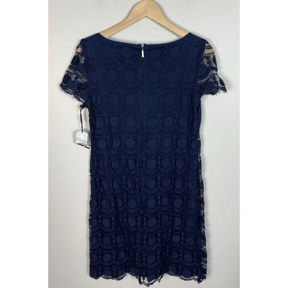 NWT Karl Lagerfeld Navy Blue Sheath Mini Dress Lace Overlay Scalloped Size 8 Wms - Picture 2 of 6